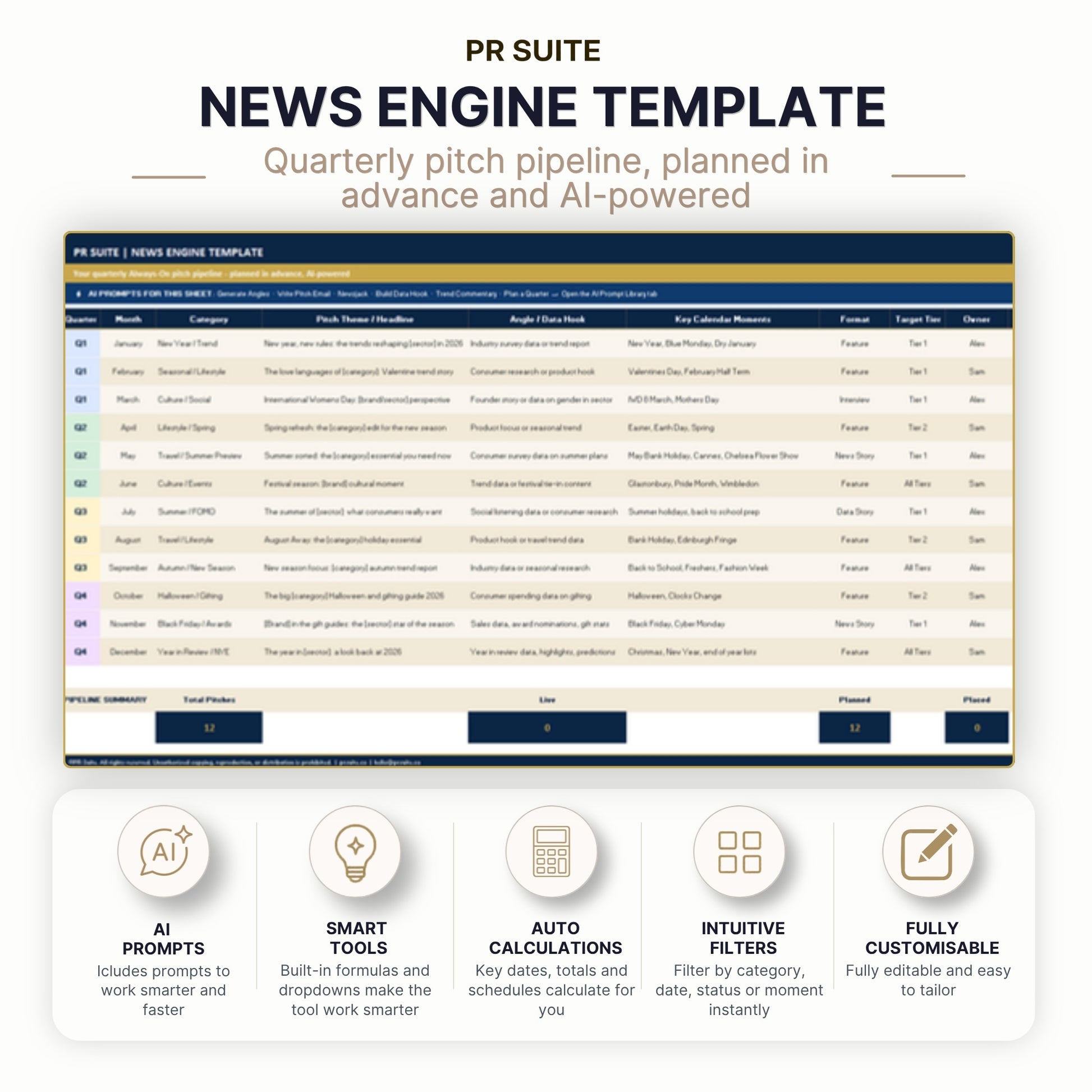 News Engine Template — populated quarterly pitch pipeline view