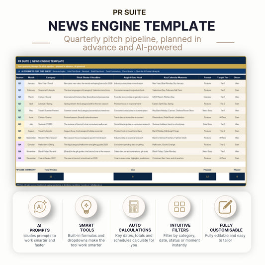 News Engine Template — populated quarterly pitch pipeline view
